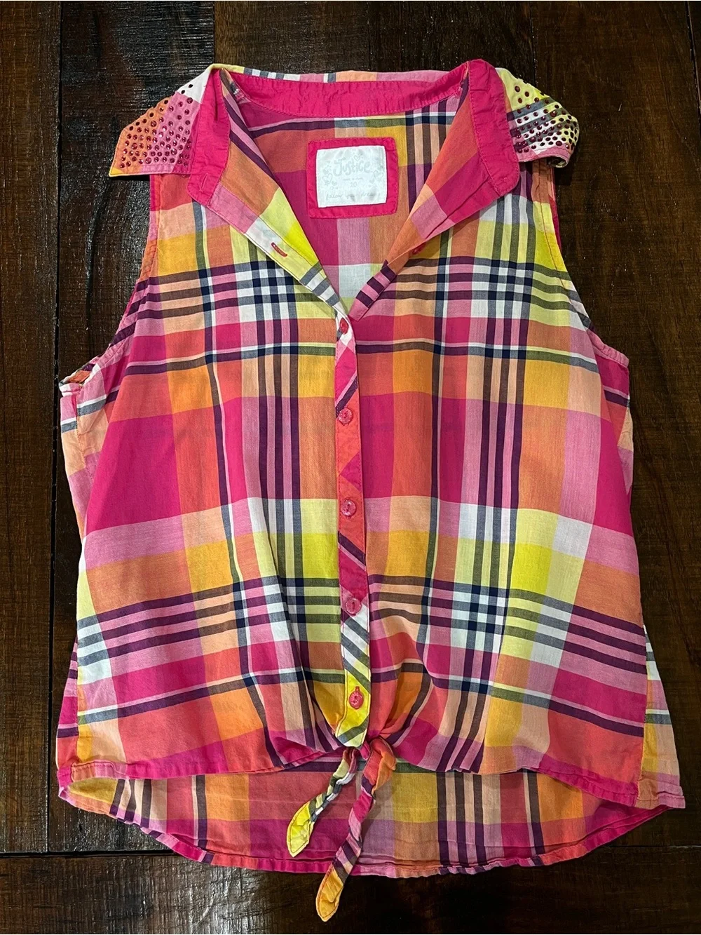 Bright Justice Plaid Tie-Front Sleeveless Blouse  100% Cotton